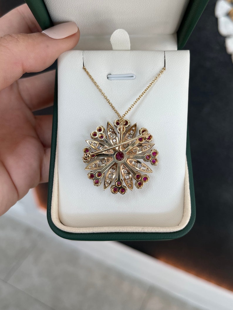 Vintage Victorian 1980s brooch featuring 4.84tcw Colombian emeralds, rubies, and diamonds in solid 14K gold pendant.