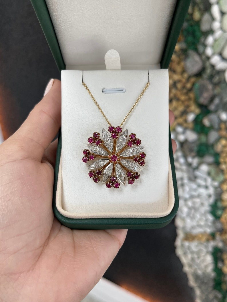 Vintage Victorian 14K gold brooch with 4.84ctw emerald, ruby, and diamond accents in an old mine design, Colombian Emerald jewelry.