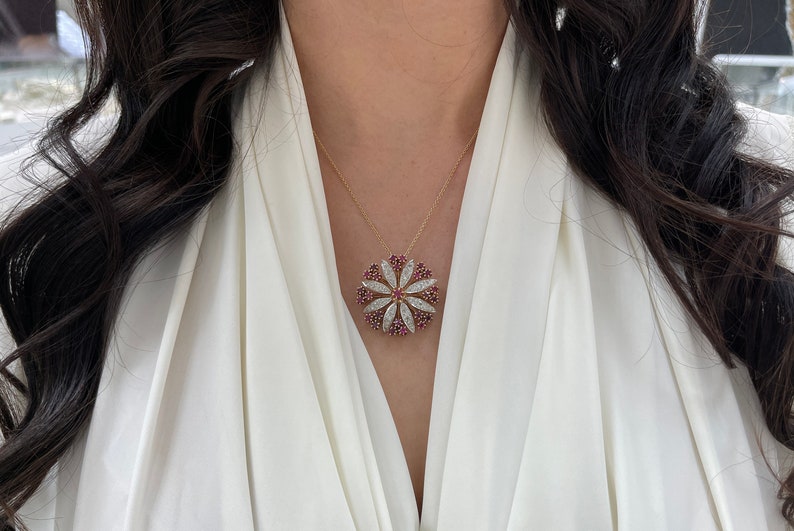 Vintage Victorian 14K gold brooch with 4.84tcw Colombian emeralds, rubies, and diamonds in an intricate pendant design.
