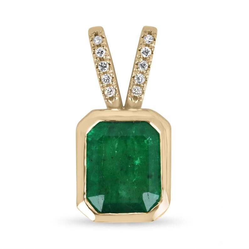 14K yellow gold pendant with dark green emerald and diamond accented split bail