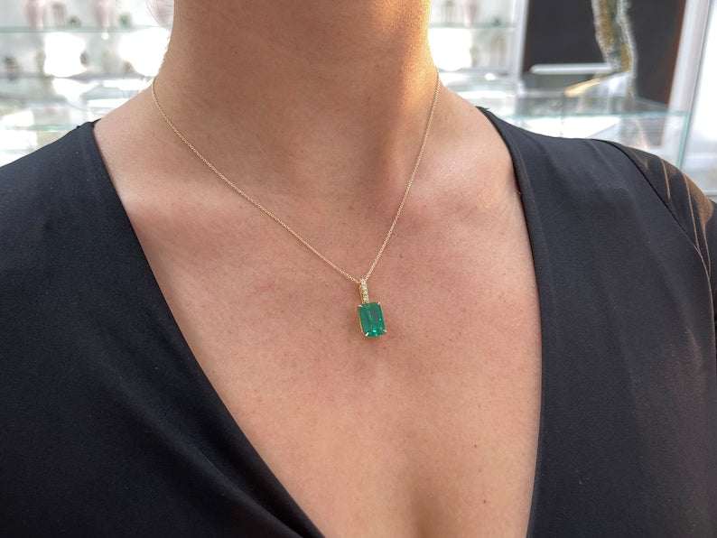 6.05tcw 18K Gold Natural Emerald Solitaire Diamond Accent Bale Necklace - JR Colombian Emeralds