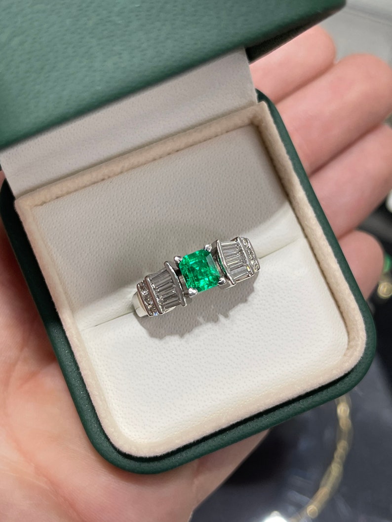 Colombian Emerald engagement ring with 1.05tcw AAA dark green emerald Asscher cut and diamond accents in platinum setting