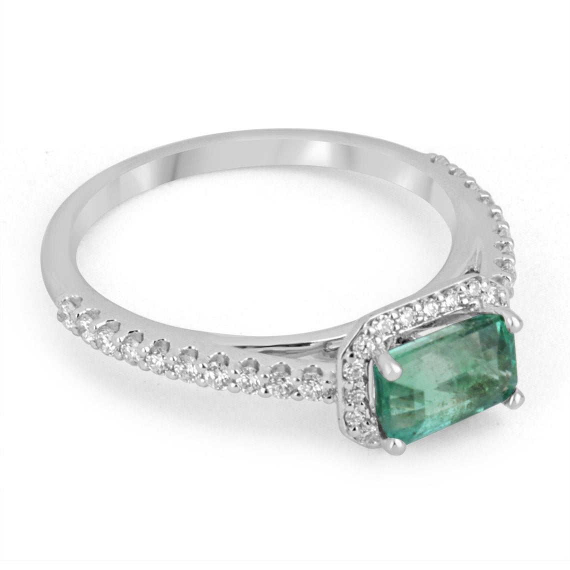 14K natural emerald cut diamond halo engagement ring with 1.25tcw emerald and diamond accents by Colombian Emerald.