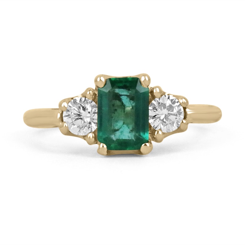 Dark bluish-green emerald and round diamonds 3-stone engagement ring in 14K gold with Colombian Emerald branding