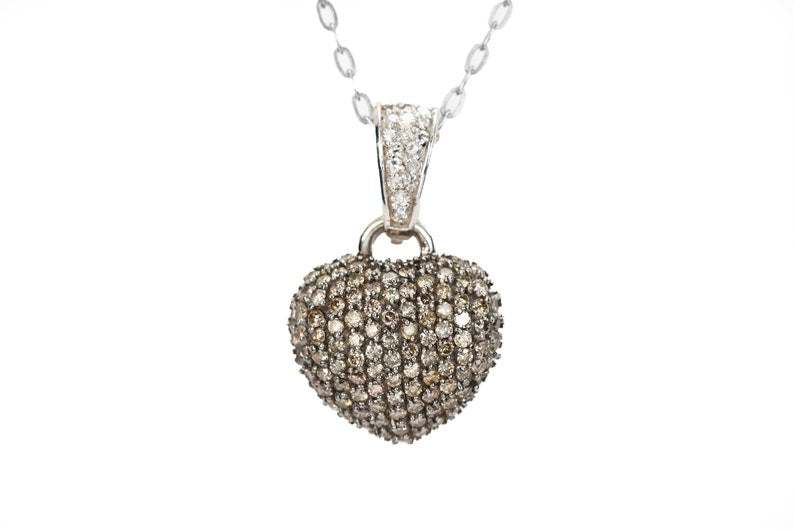 0.75-Carats coffee cocoa brown diamond pave heart pendant in 14K white gold with white diamond bale on chain