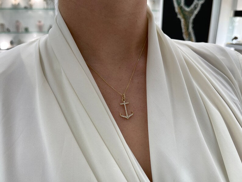 14K gold ocean lover necklace with 0.45tcw icy anchor cut pave diamonds, Colombian Emerald gemstone pendant.