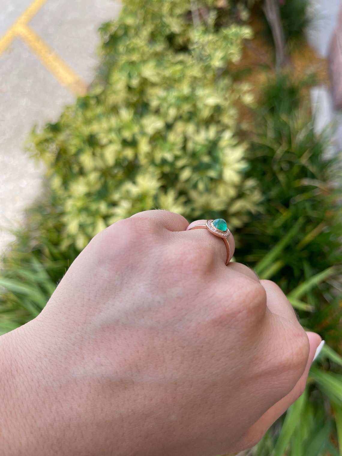 Colombian emerald oval cabochon ring with diamond pave halo, contemporary style, for women, featuring 1.45tcw real emerald jewelry.
