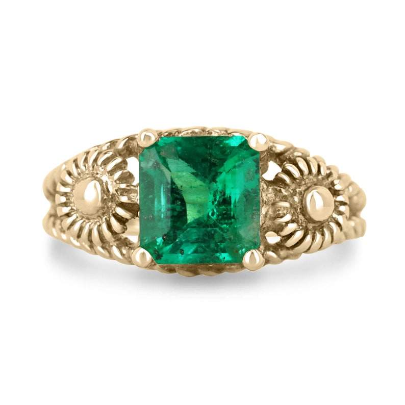 2.20ct 14K gold vintage inspired emerald asscher cut solitaire ring with floral design