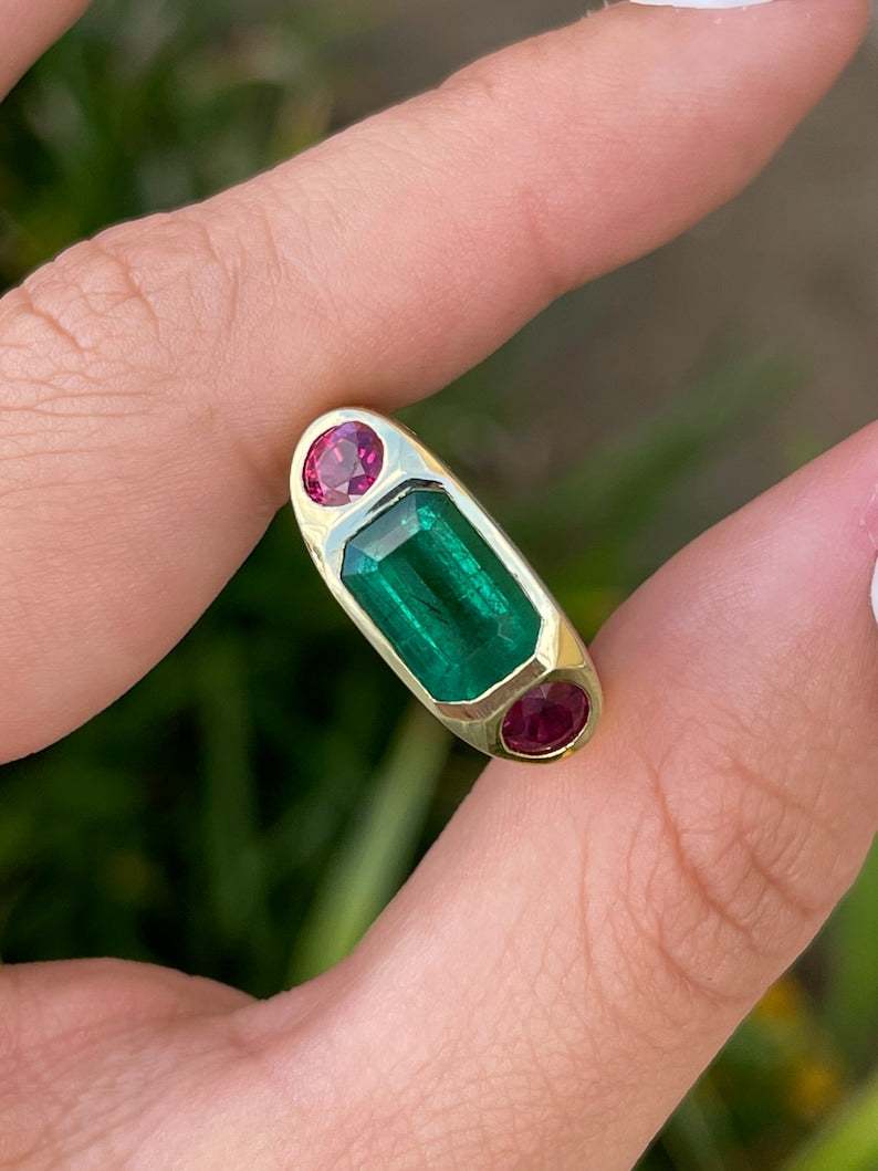 4.83tcw 18K 3 Stone Horizontal Emerald & Round Ruby Gypsy Bezel Ring - JR Colombian Emeralds