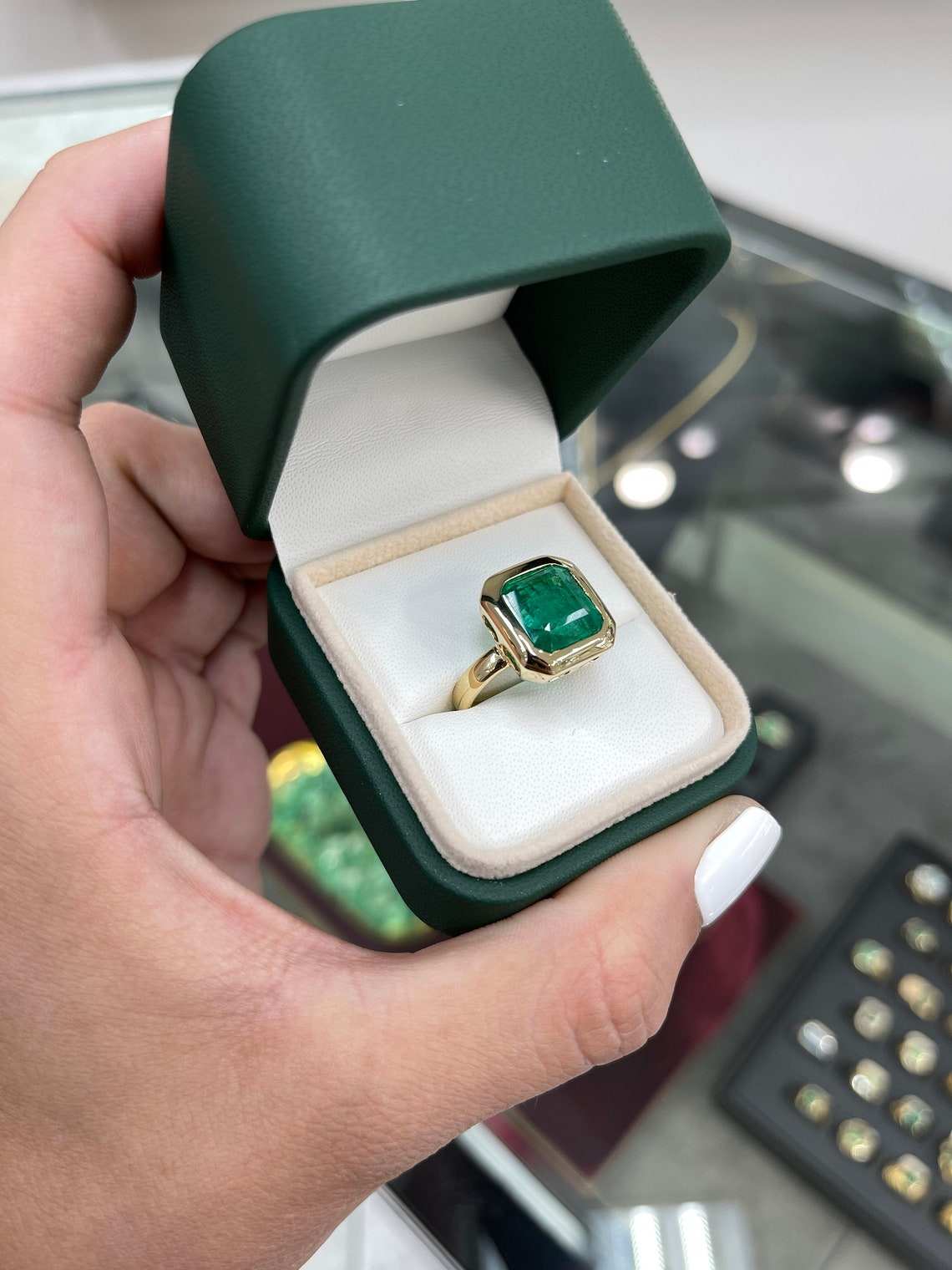 7.58ct 18K AAA Natural Large Emerald-Asscher Cut Solitaire Bezel Set Gold Statement Ring