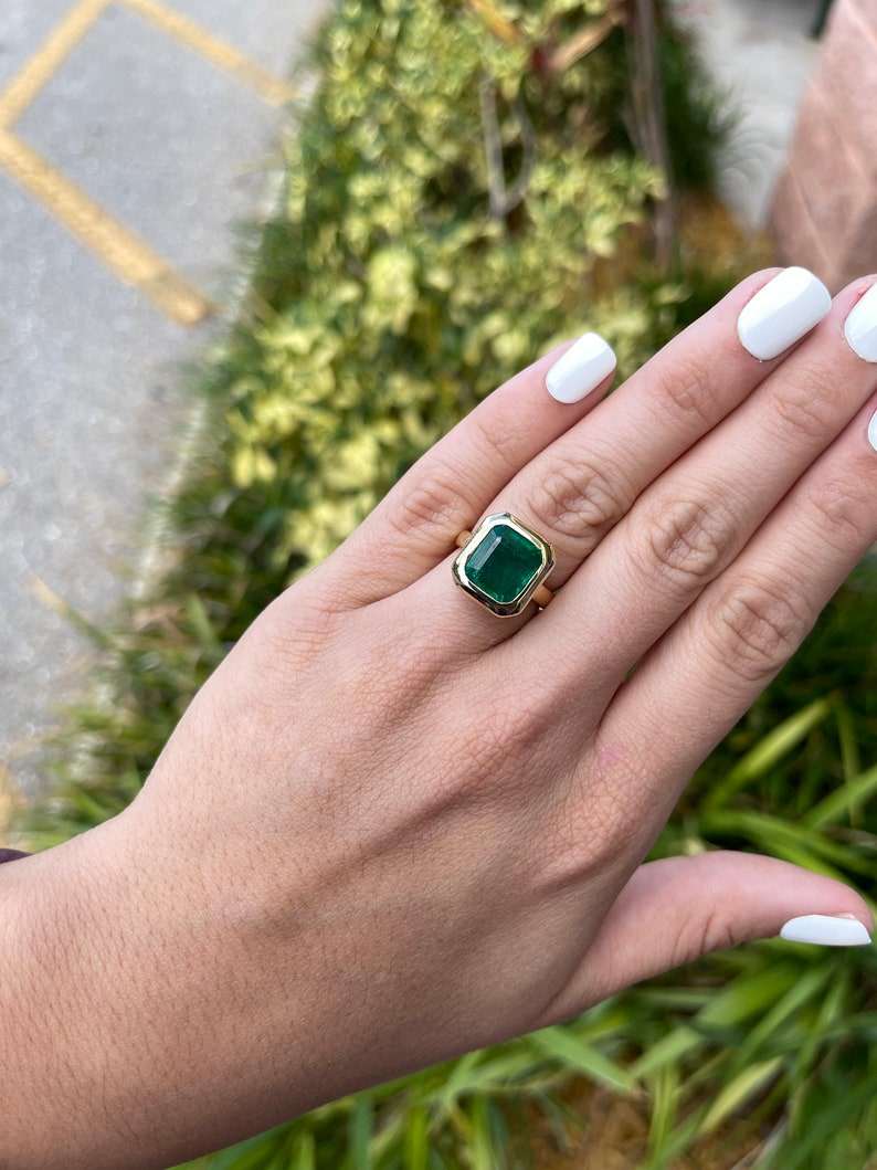 7.58ct 18K AAA Natural Large Emerald-Asscher Cut Solitaire Bezel Set Gold Statement Ring