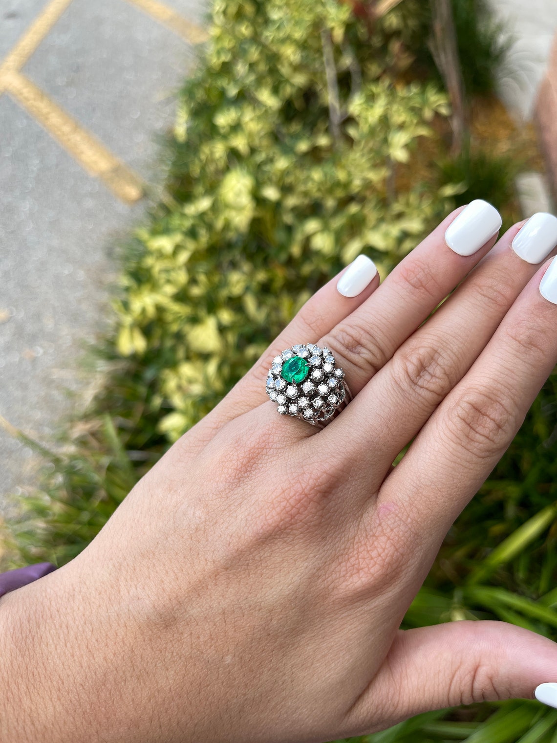 Colombian Emerald 14K white gold cocktail ring featuring a cushion-cut emerald and diamond accents, vintage statement jewelry for women