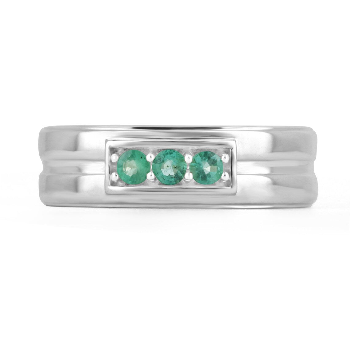 Sterling silver men's ring with three round cut emerald stones totaling 0.40 carats