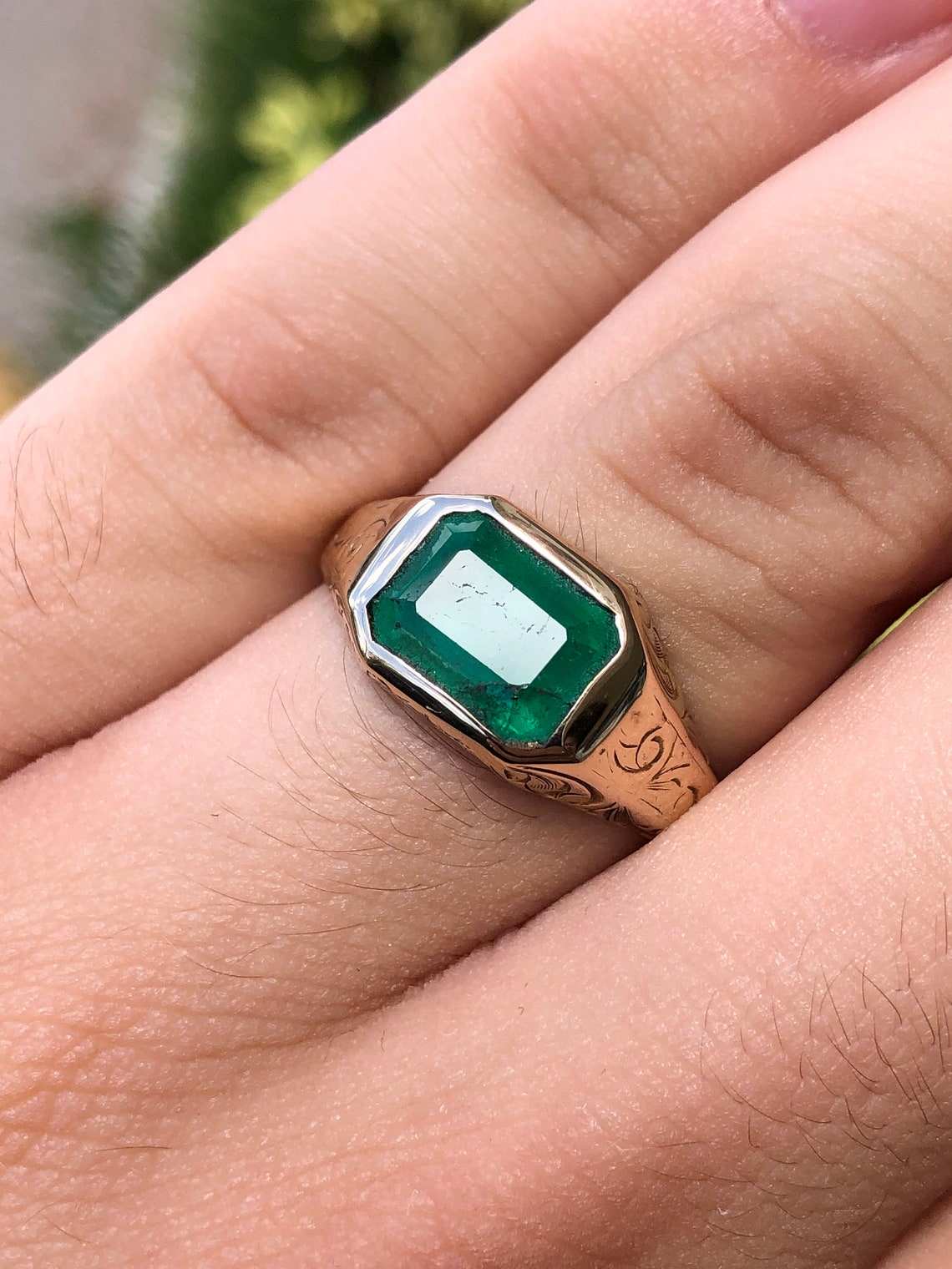 2.10 Carat Natural Emerald Cut Mens Vintage East to West Signet Ring 1
