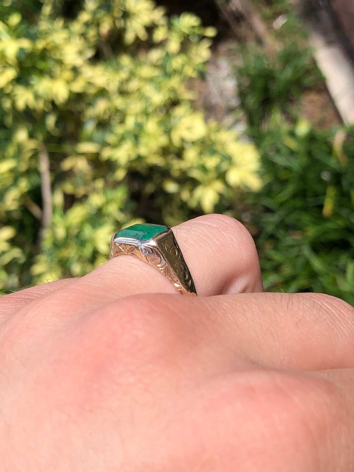 2.10 Carat Natural Emerald Cut Mens Vintage East to West Signet Ring 1