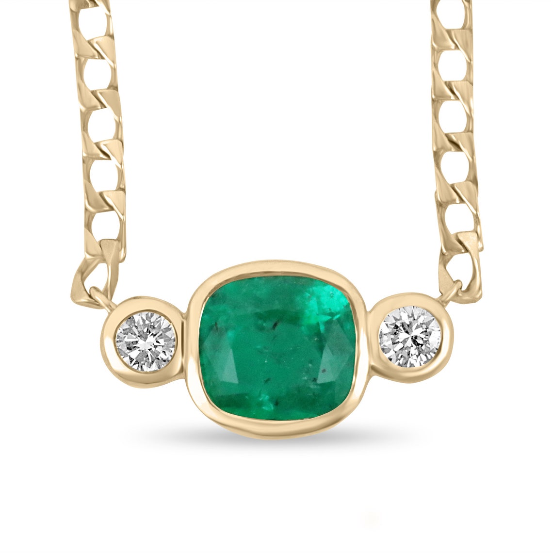 Dark green Colombian emerald cushion cut three-stone necklace with diamonds on 14K curb chain, elegant jewelry from Colombian Emerald brand.