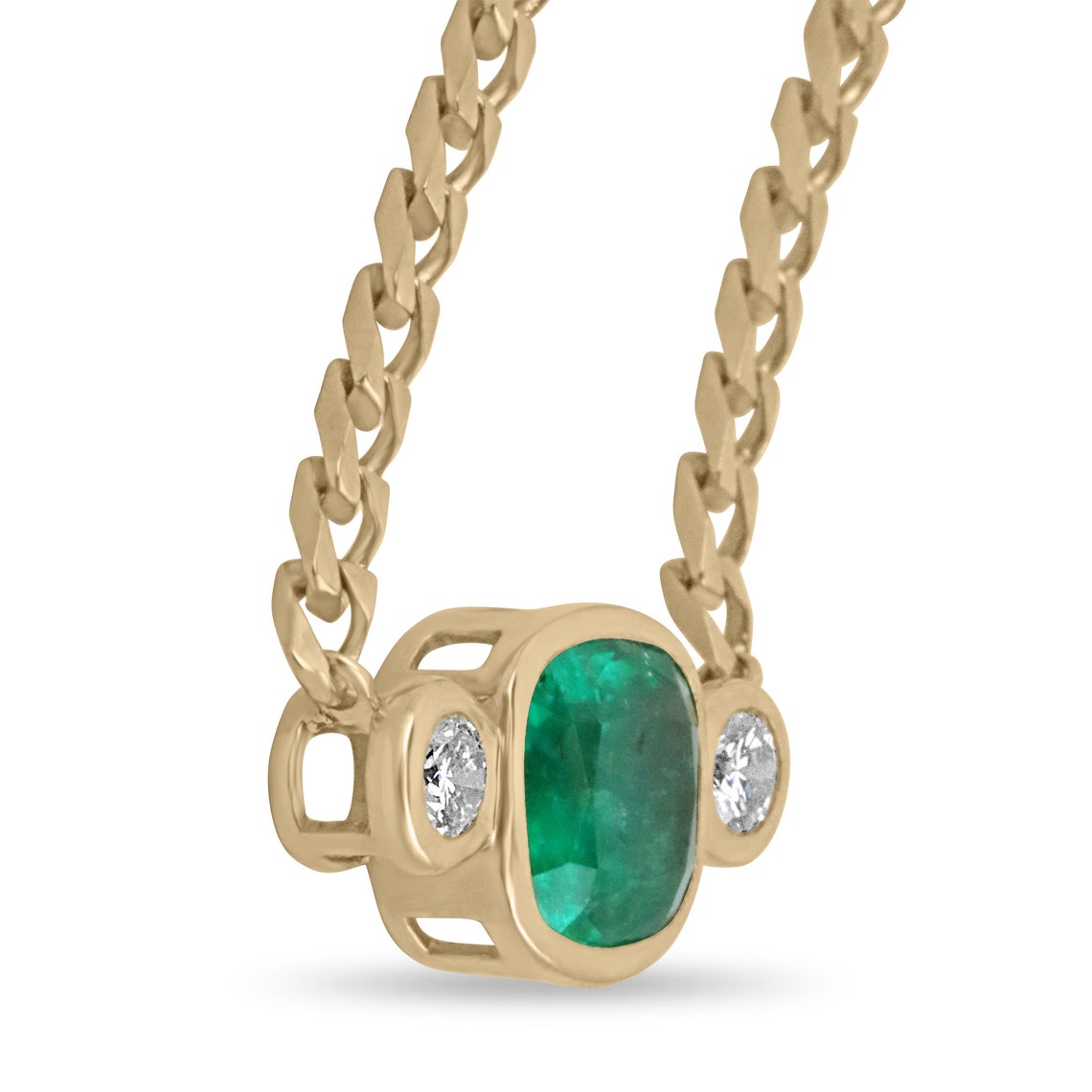 Dark green Colombian emerald and diamond three-stone necklace with cushion-cut emeralds on 14K curb chain.