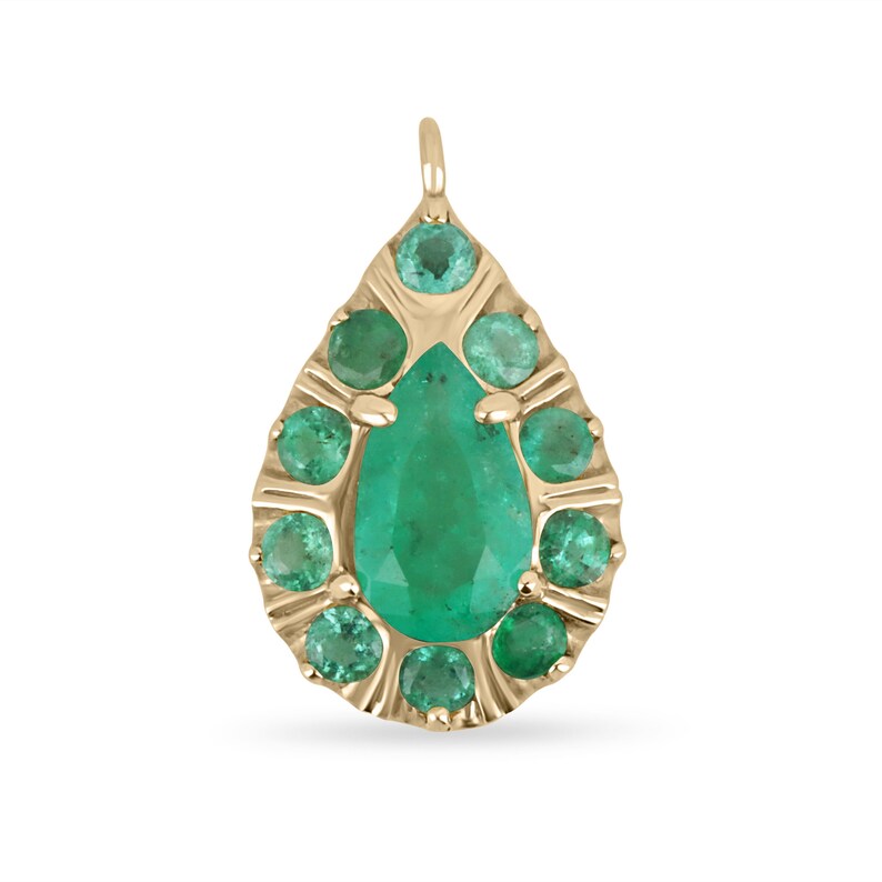14K gold pendant necklace with natural emeralds, featuring pear and round cut gemstones in a prong setting, Colombian Emerald brand.