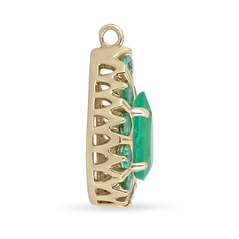 14K gold pendant necklace with 2.68tcw natural emeralds, pear and round cut multi-gemstones, prong setting, Colombian Emerald brand