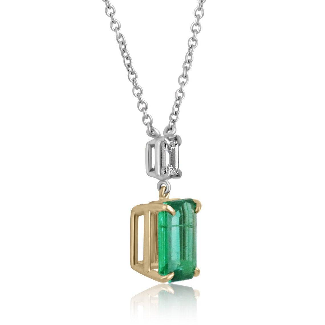 Genuine dark green emerald cut diamond pendant on two-toned gold necklace from Colombian Emerald collection.