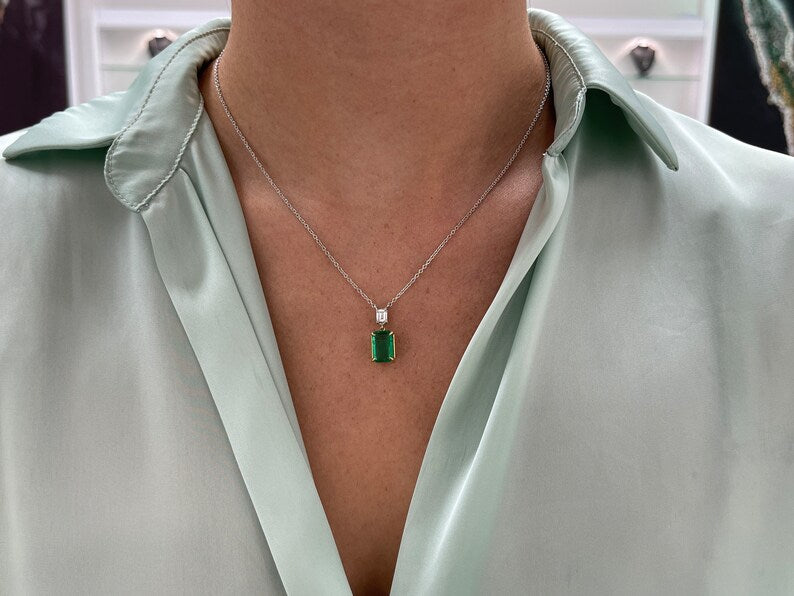 Genuine dark green emerald cut diamond pendant on two-toned gold necklace, Colombian Emerald jewelry.