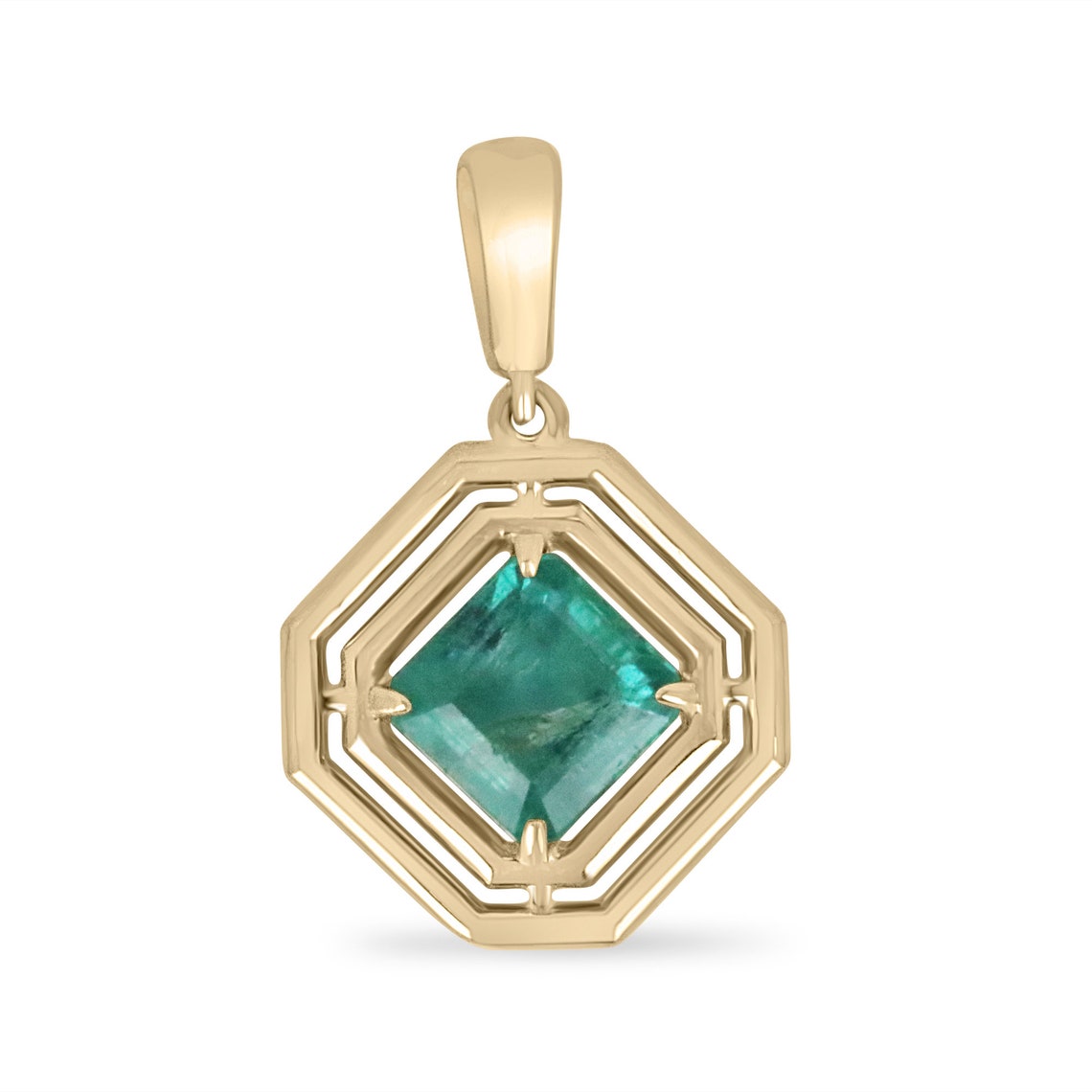 14K gold unisex pendant featuring a 2.30ct emerald-Asscher cut solitaire gemstone in a geometric design.