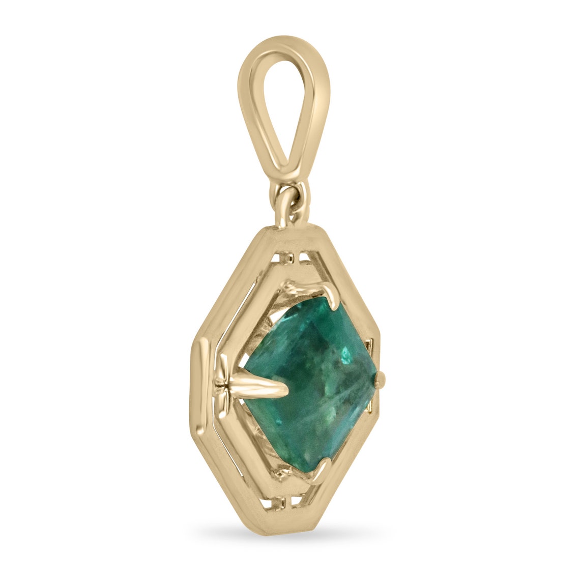 14K gold pendant with 2.30ct natural emerald Asscher cut in a geometric design, unisex Colombian Emerald brand necklace.