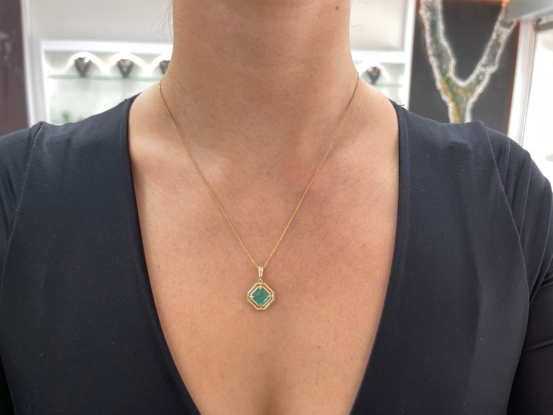 14K gold pendant with a 2.30ct emerald Asscher cut solitaire gemstone, geometric design, unisex Colombian Emerald necklace.