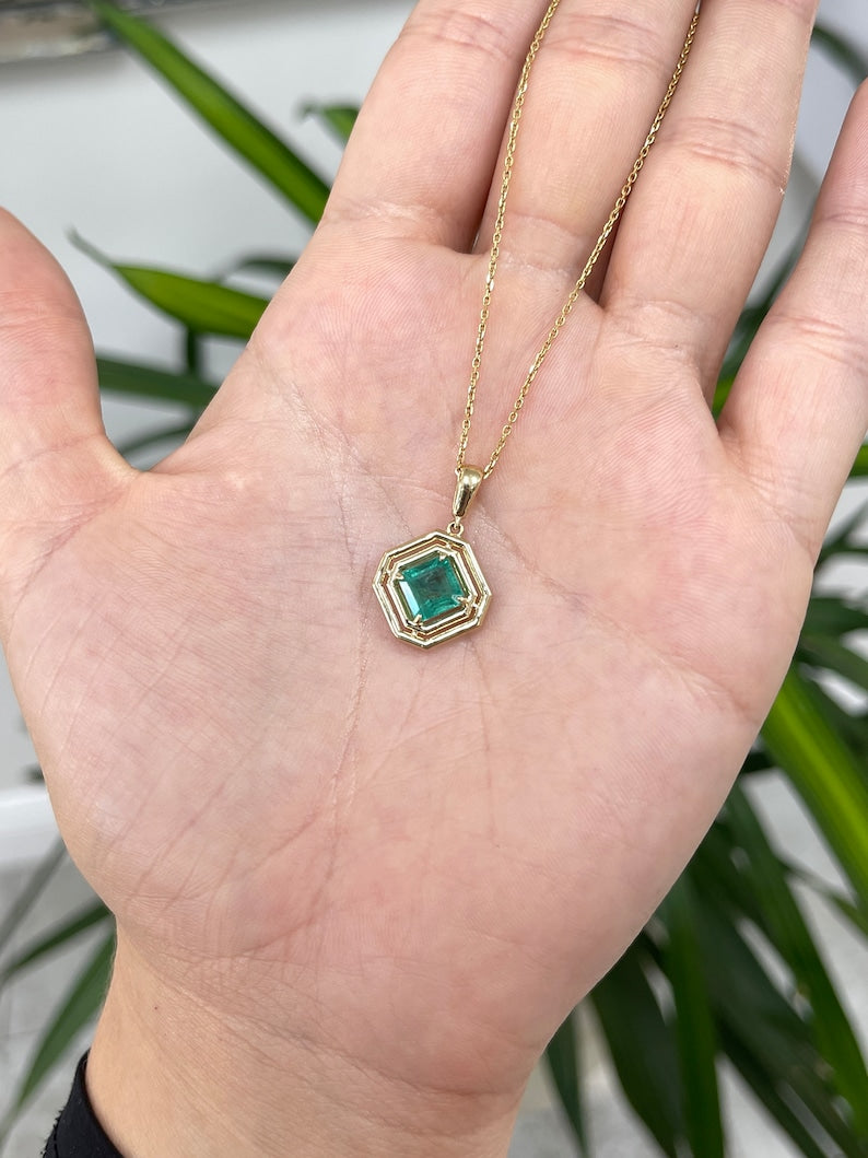 14K gold pendant with a 2.30ct natural emerald Asscher cut gemstone in a geometric design, unisex Colombian Emerald necklace.