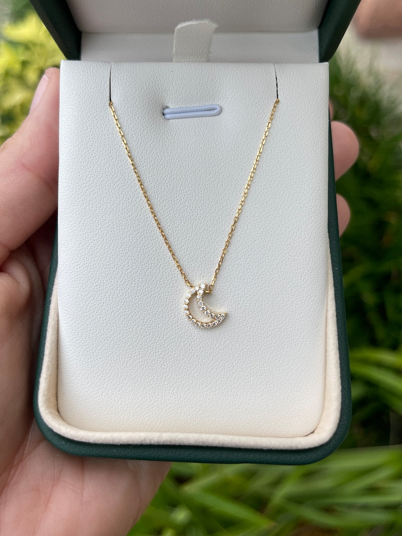 14K Colombian Emerald diamond crescent cable chain necklace with 0.20tcw natural diamonds, open moon design, jewelry accessory