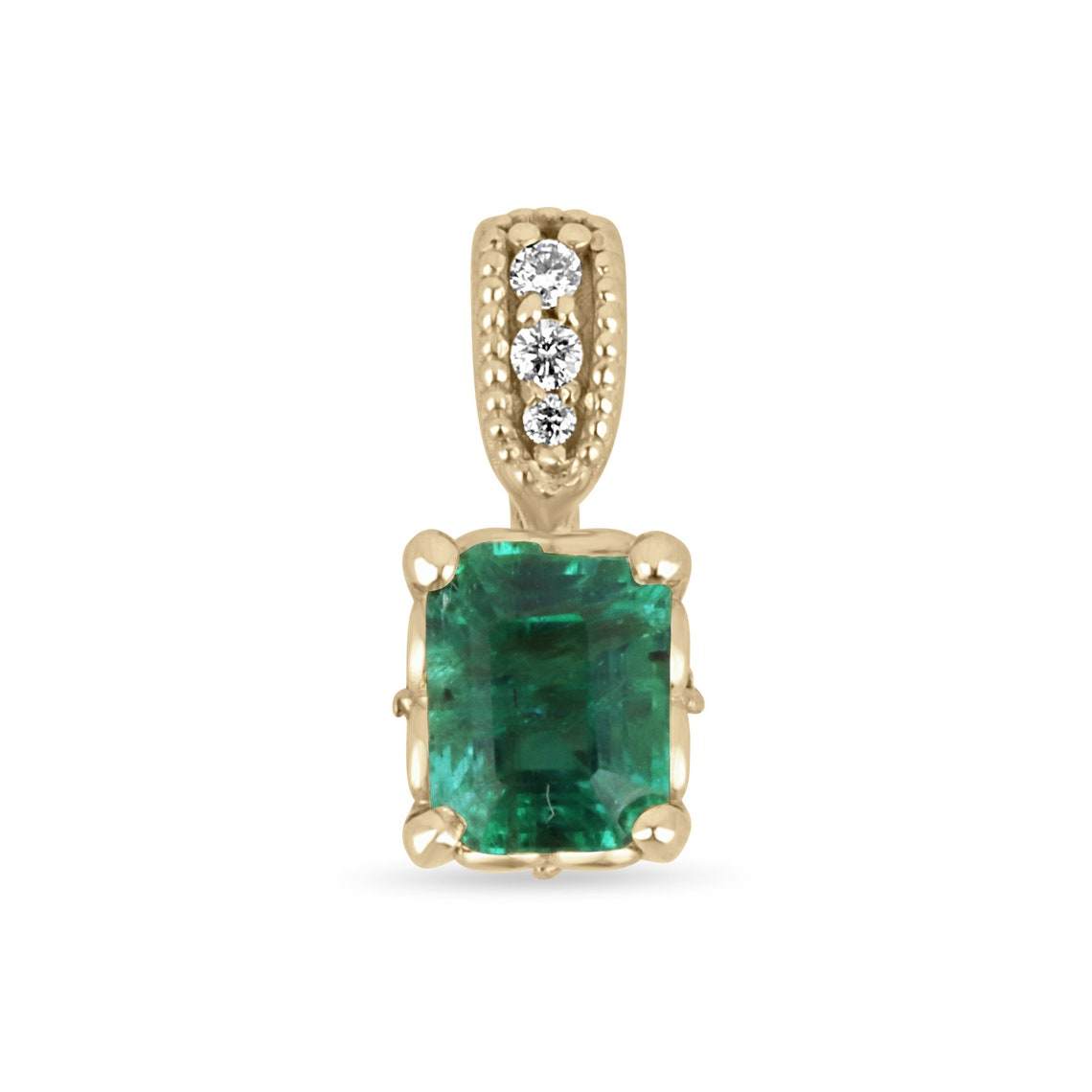 0.83tcw natural emerald and diamond accent pendant in 14K yellow gold with emerald cut gemstone and round diamonds