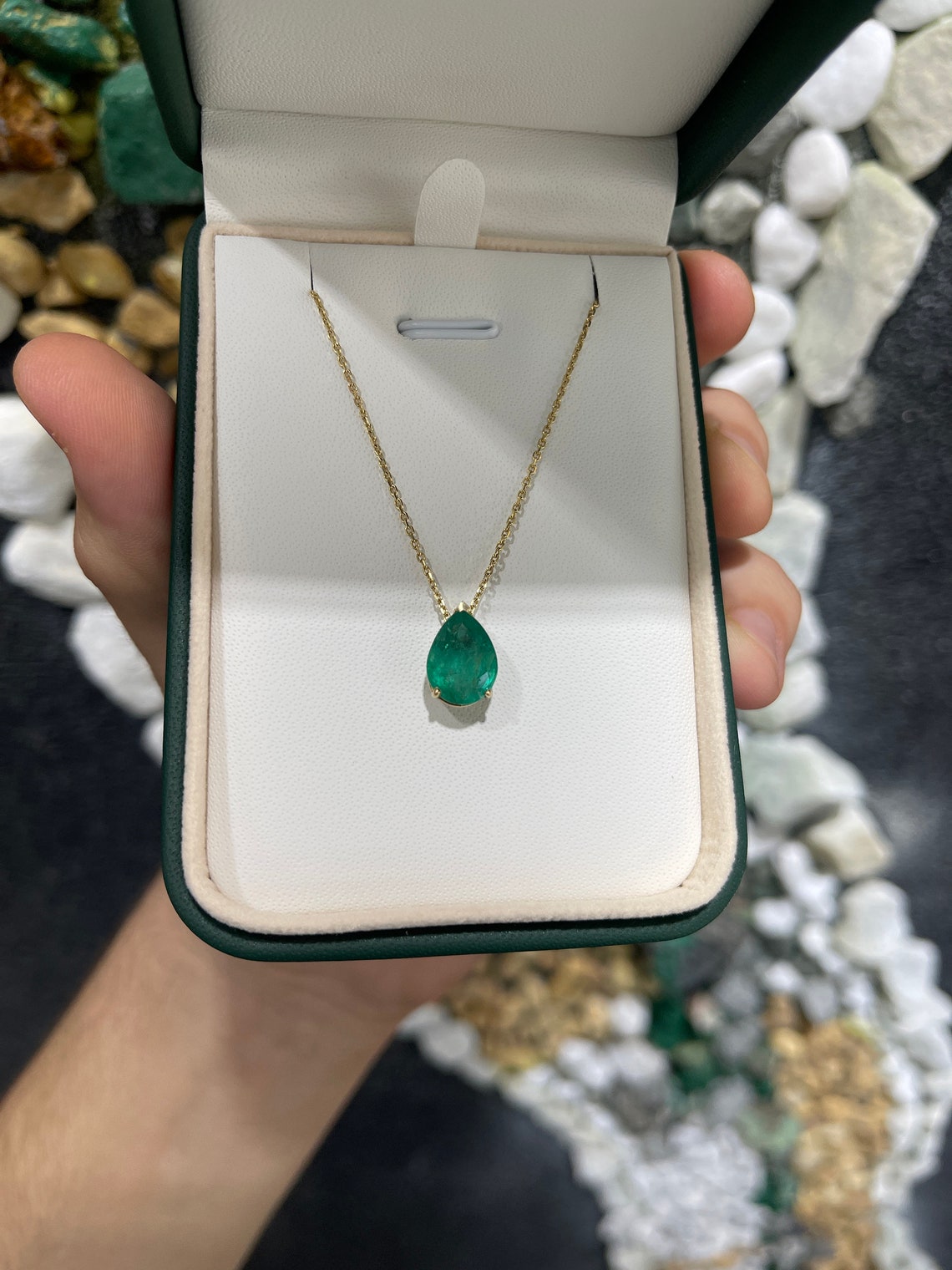 Natural 4.67cts pear-cut emerald pendant in 14K gold with three-prong setting, Colombian emerald pendant for necklaces.