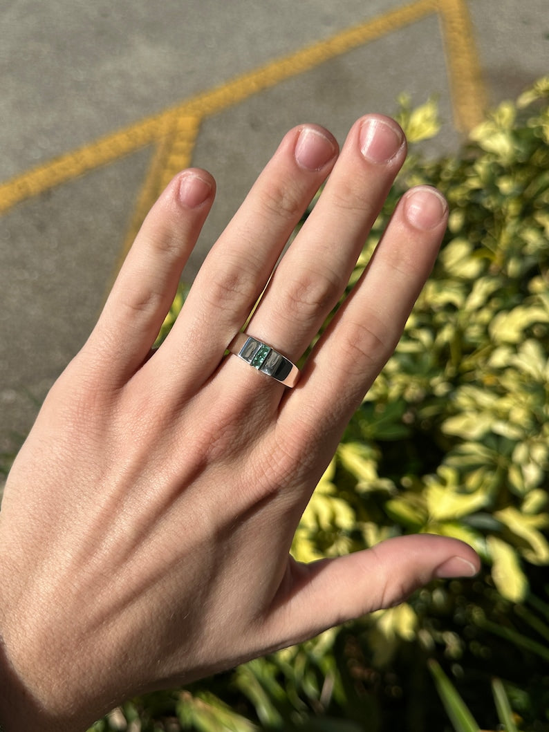 0.30tcw 3 Stone Unisex Natural Spring Green Emerald Ring Sterling Silver .925 - JR Colombian Emeralds