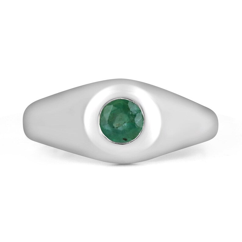 Sterling silver unisex pinky ring with 0.60ct round cut emerald solitaire from Colombian Emerald, stylish men's jewelry.