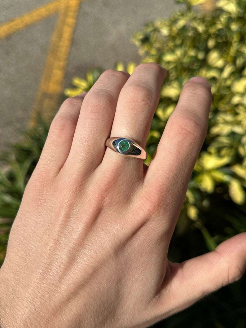 Unisex sterling silver pinky ring with 0.60ct round-cut emerald solitaire, Colombian Emerald brand, stylish men's jewelry