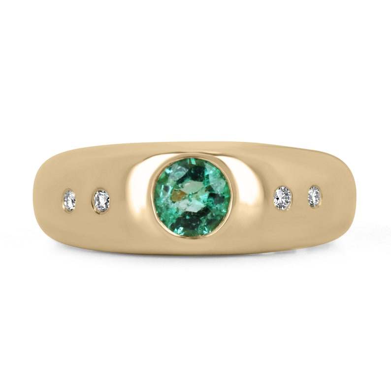 0.80tcw Vivid Round Cut Emerald & Diamond Accent Unisex Statement Ring 18K