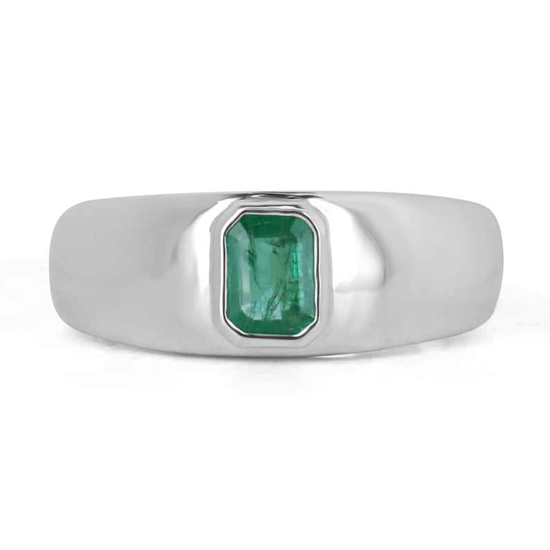 Men's natural bezel set sterling silver ring with 0.85ct emerald solitaire stone