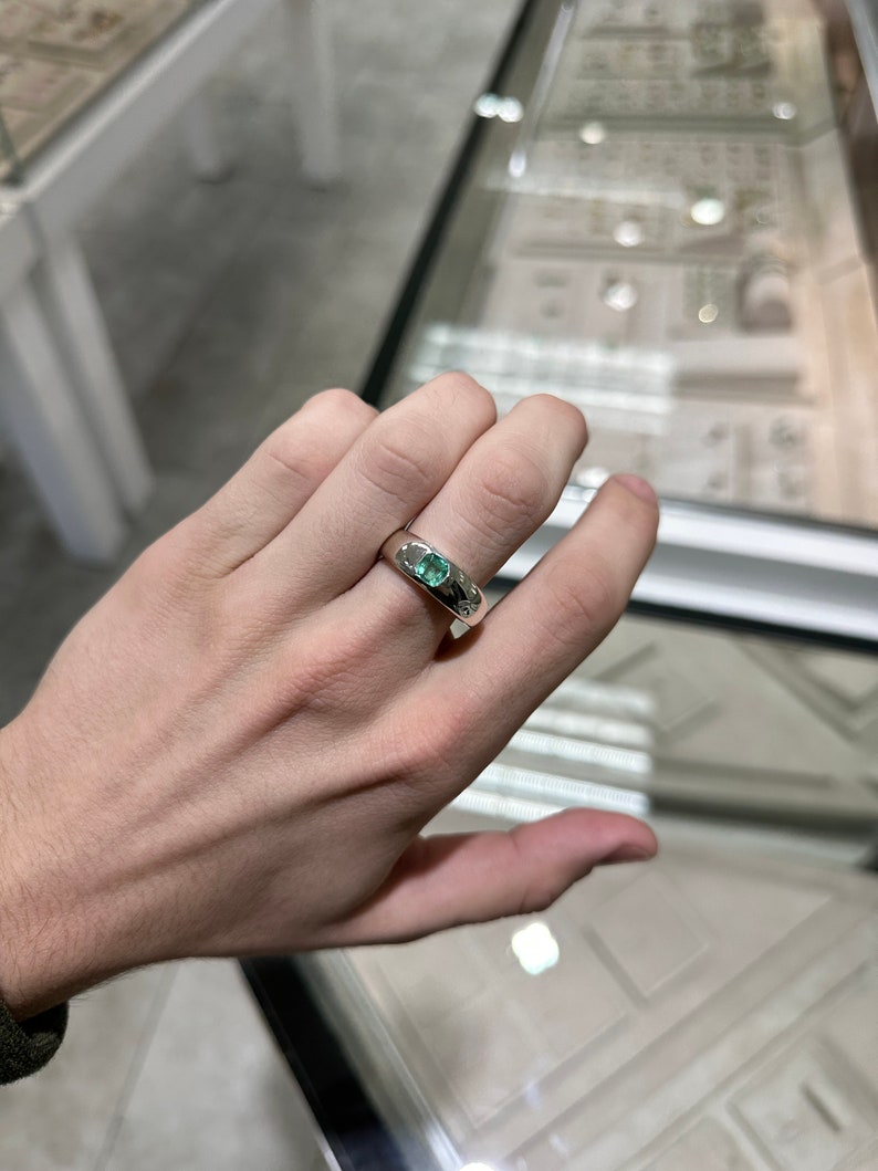 Sterling silver Asscher cut pinky ring with a 0.95 carat emerald bezel-set solitaire from Colombian Emerald, unisex jewelry.