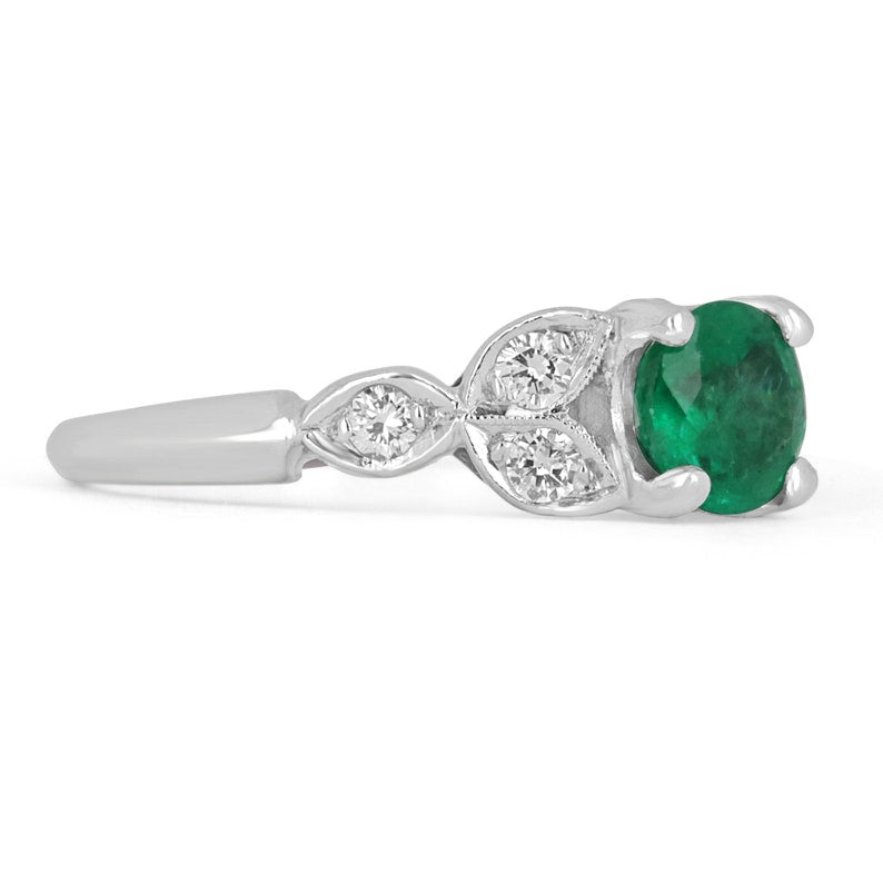 14K gold floral ring featuring 0.96 carats Zambian emeralds and round cut diamonds, elegant jewelry by Colombian Emerald.