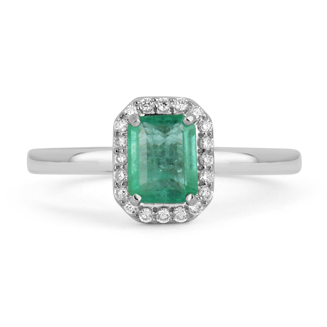 Natural emerald cut engagement ring with diamond halo, 1.21tcw, set in 14K gold by Colombian Emerald.