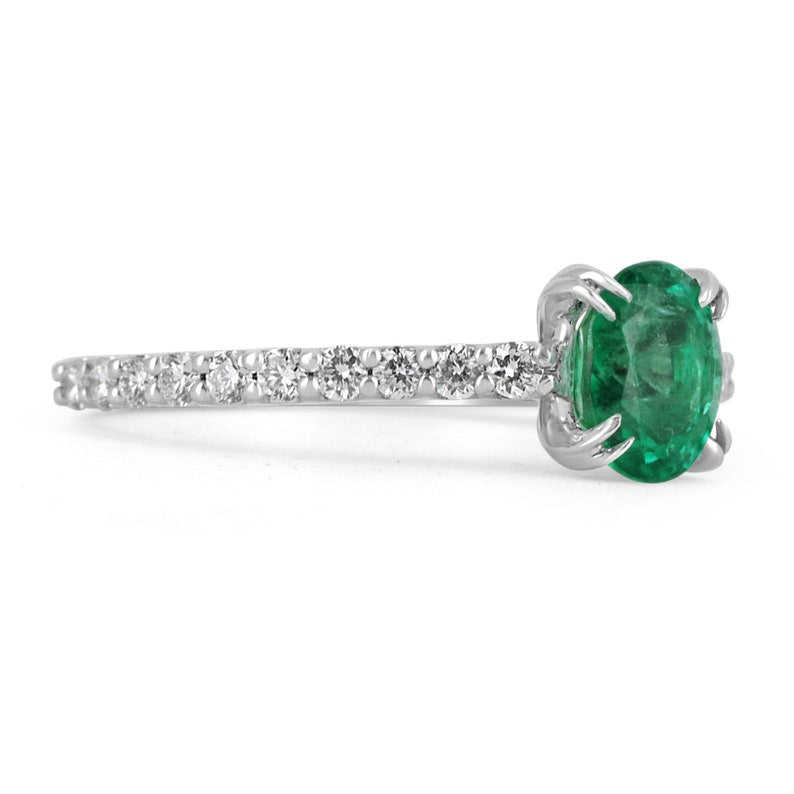 Oval cut white gold engagement ring with 1.49 tcw natural emerald and diamond accents, by Colombian Emerald.