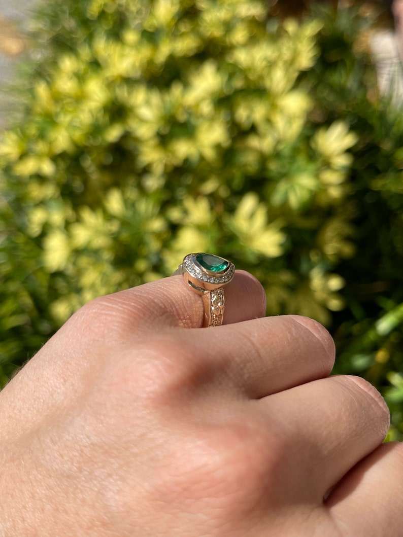 1.86tcw 14K Natural Emerald Pear Cut Floral Design Diamond Ring