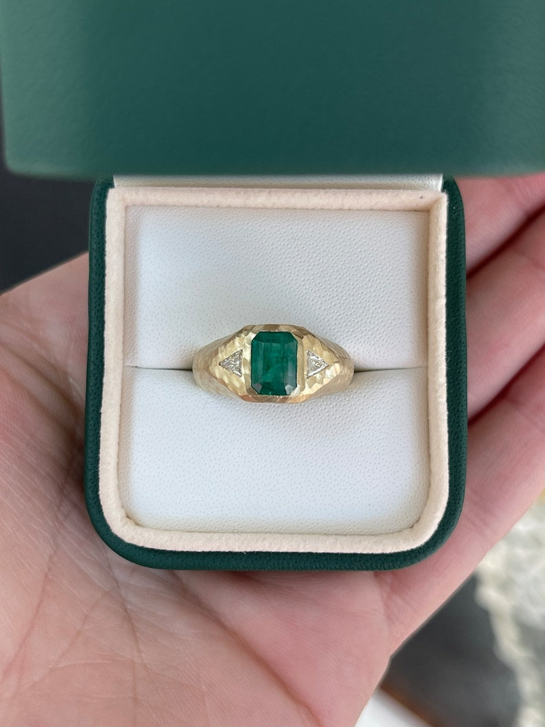14K 3 stone green emerald and trillion cut diamond gypsy ring with vertical top design by Colombian Emerald.