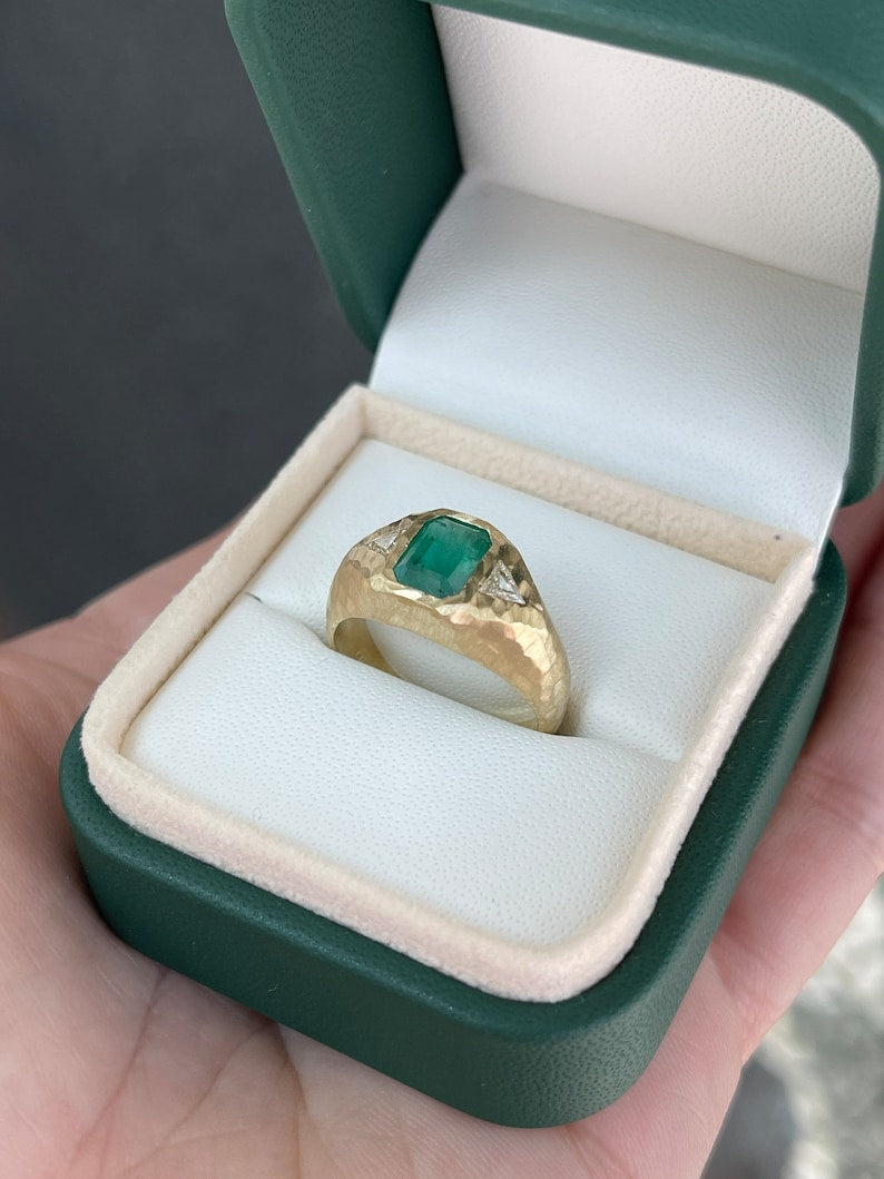 14K 3-stone emerald and trillion cut diamond gypsy ring with vertical top design, featuring natural green emeralds and Colombian Emerald branding