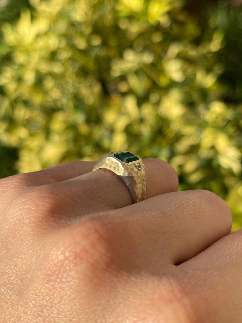 14K gold 3-stone emerald and trillion cut diamond gypsy ring with vertical top design, featuring natural green emeralds from Colombian Emerald.
