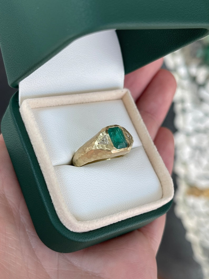 14K gold 3 stone emerald and trillion cut diamond gypsy ring with vertical top design, featuring green natural emeralds.