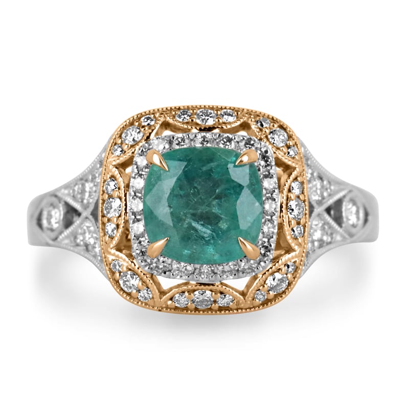Colombian Emerald 14K engagement ring with deep ocean green cushion cut emerald and diamond accents, elegant and sparkling.