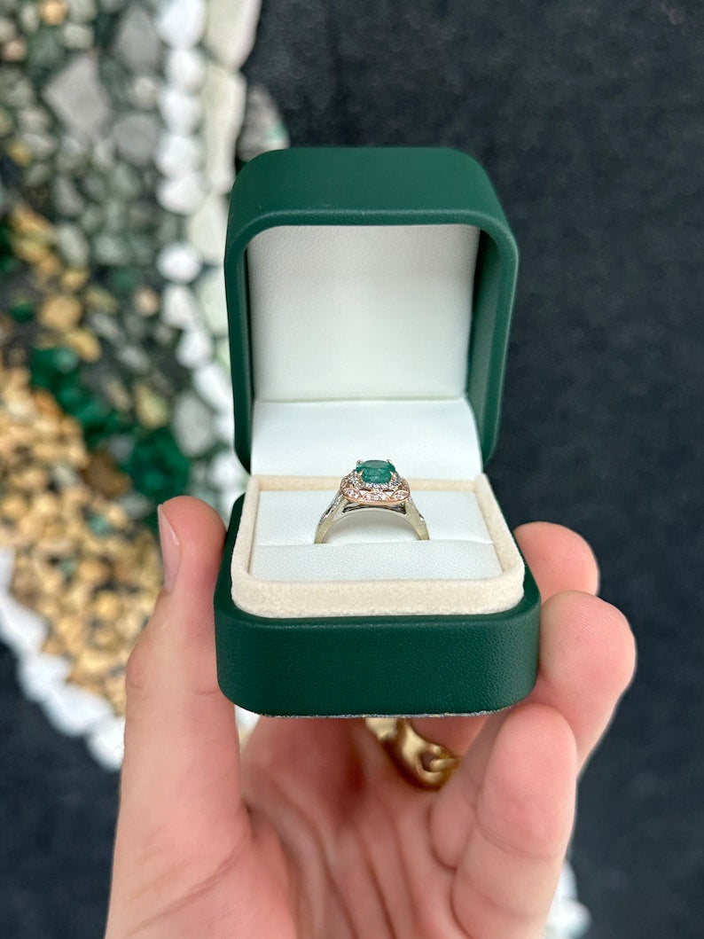Colombian Emerald engagement ring with deep ocean green cushion cut emerald and diamond accents in 14K gold setting