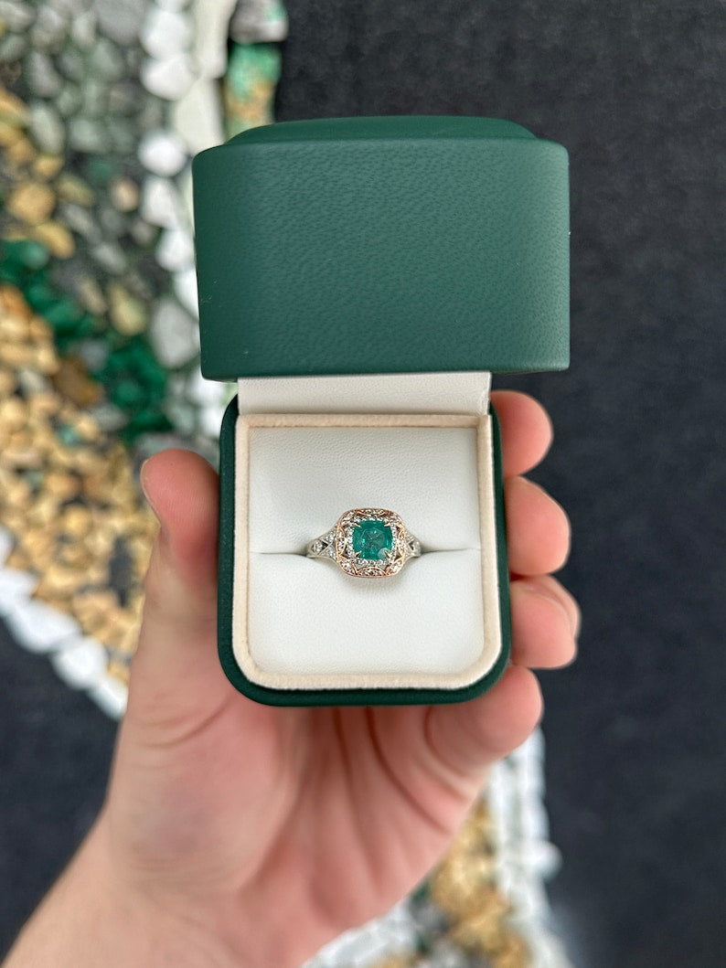 Deep ocean green emerald engagement ring with diamond accents, cushion cut, 2.14tcw in 14K gold by Colombian Emerald.