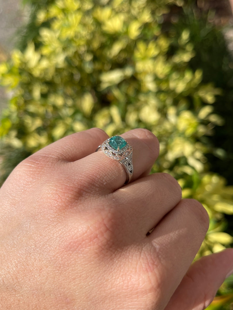 Colombian Emerald engagement ring with 2.14tcw deep ocean green cushion cut emerald and diamond accents in 14K gold setting